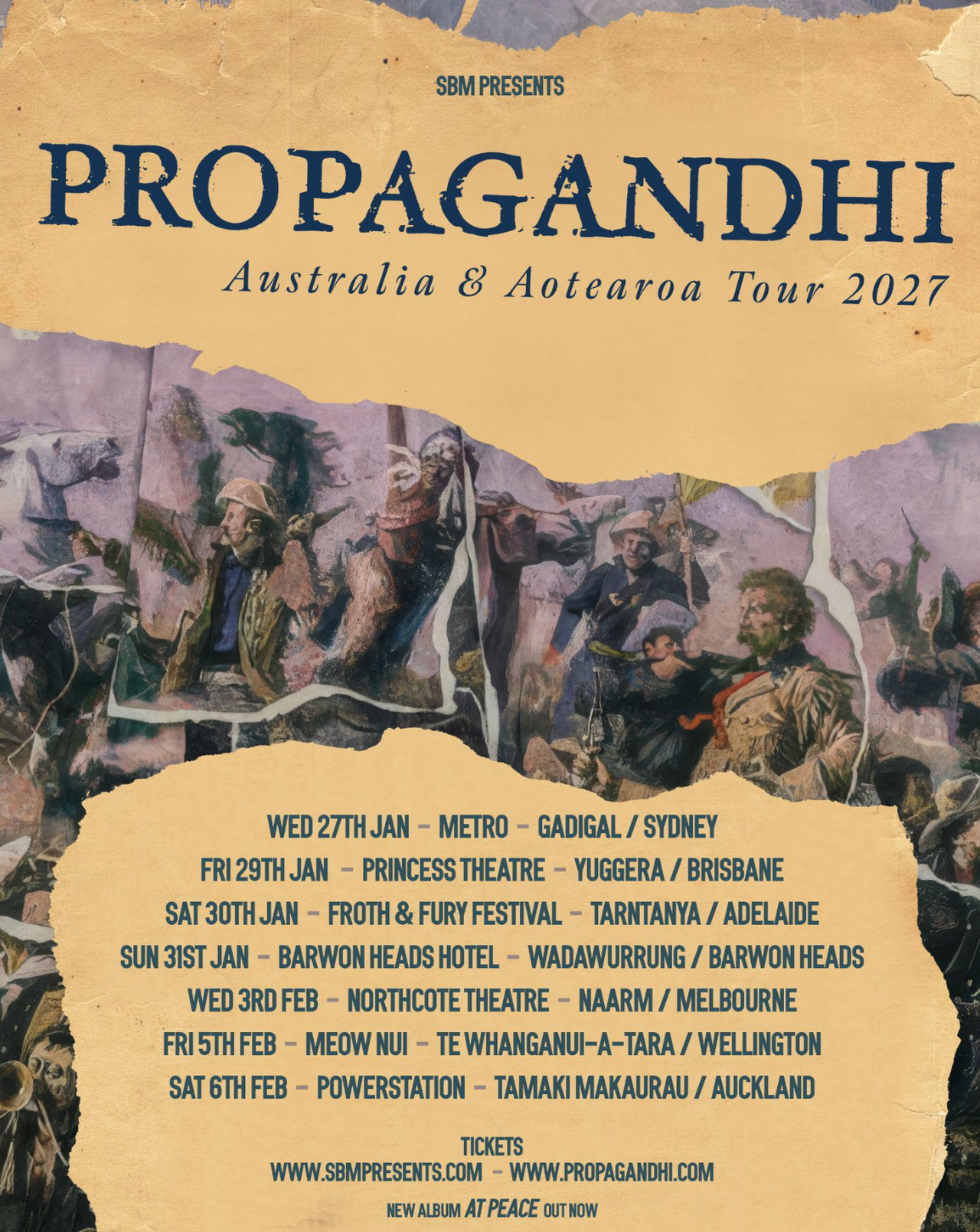 Tour poster for Propagandhi Australia & Aotearoa Tour 2027 featuring 2027 show dates over torn vintage classical artwork.
